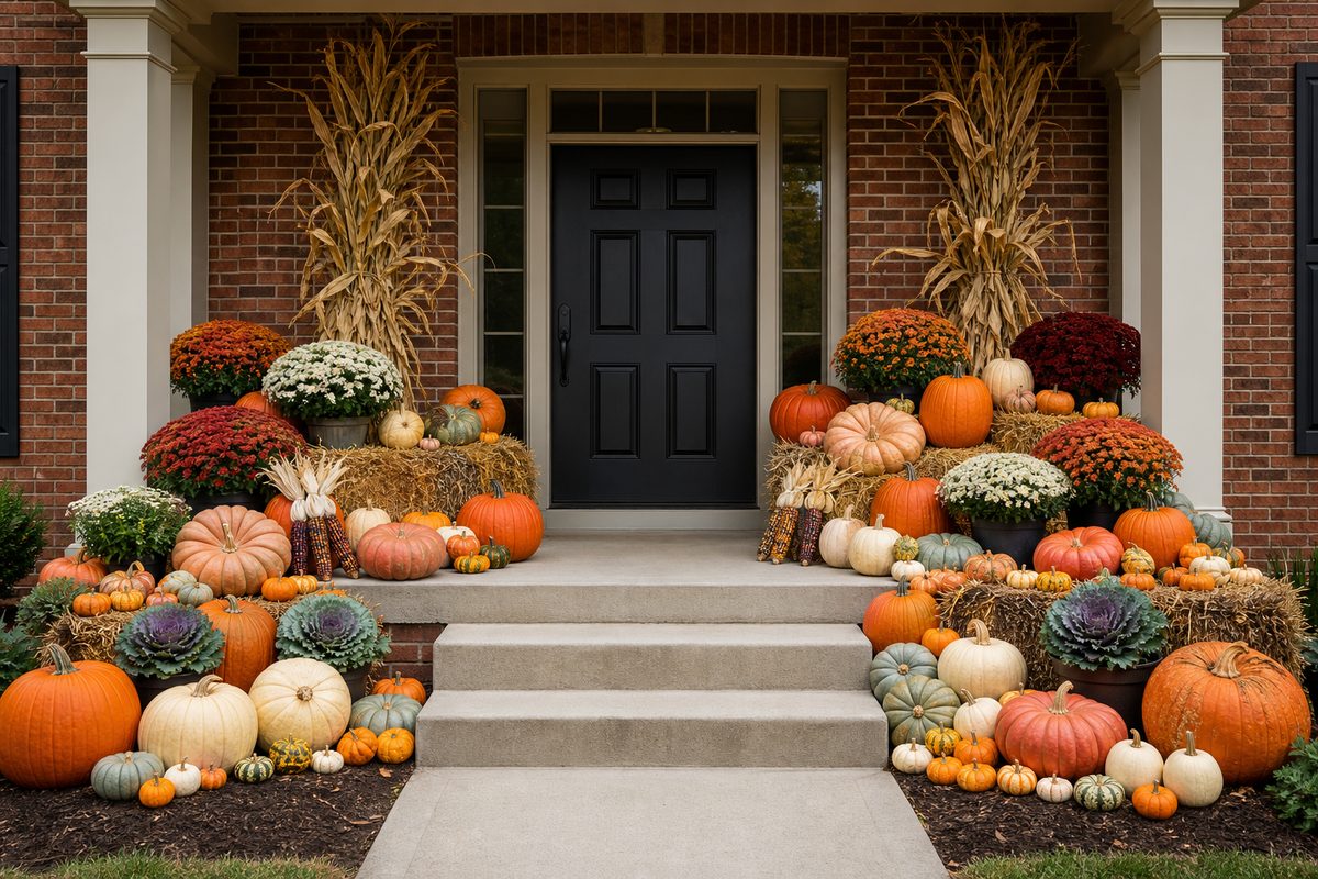 Representative large porch and stair styling for The Grand Harvest package